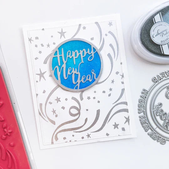 Catherine Pooler - Hot Foil Plate - Hooray for Confetti. Grab some glimmery foil and create a festive background that will sparkle and shine. Perfect for any festive occasion from New Year to Birthdays & more. Available at Embellish Away located in Bowmanville Ontario Canada. Example by brand ambassador.