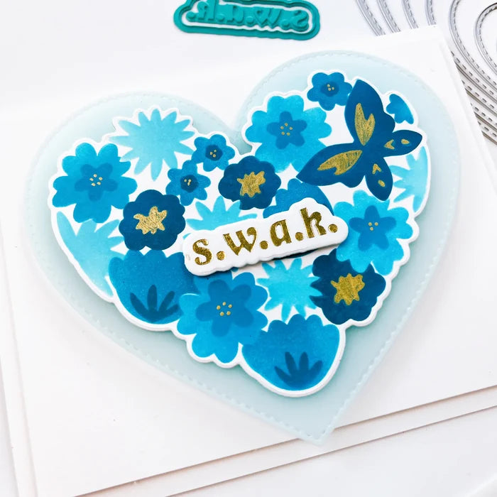 Catherine Pooler - Hot Foil Plates and Dies - Sweet Nothings. Add a foiled sentiment to your next Valentine project with the Sweet Nothings Hot Foil Plates. Featuring a large "love you so much" and "happy Valentine's day" , a small "s.w.a.k" and "xoxo". Available at Embellish Away located in Bowmanville Ontario Canada. Example by brand ambassador.