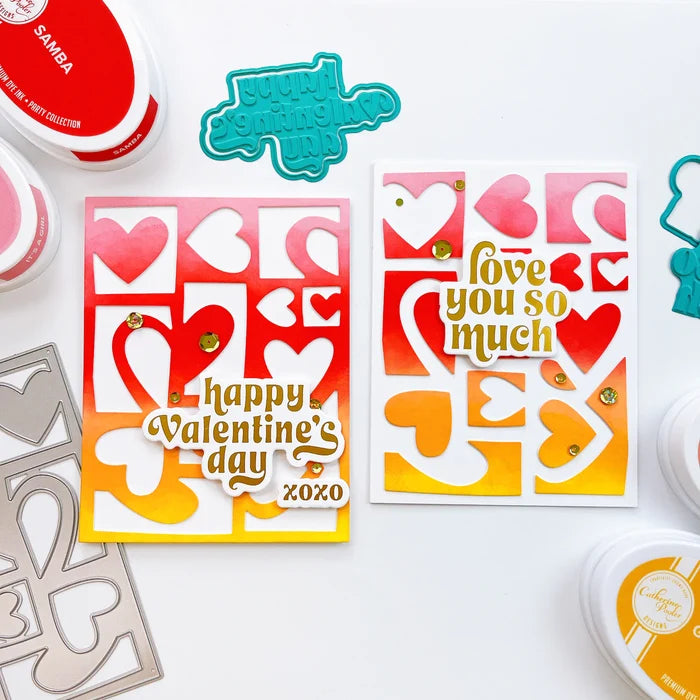 Catherine Pooler - Hot Foil Plates and Dies - Sweet Nothings. Add a foiled sentiment to your next Valentine project with the Sweet Nothings Hot Foil Plates. Featuring a large "love you so much" and "happy Valentine's day" , a small "s.w.a.k" and "xoxo". Available at Embellish Away located in Bowmanville Ontario Canada. Example by brand ambassador.