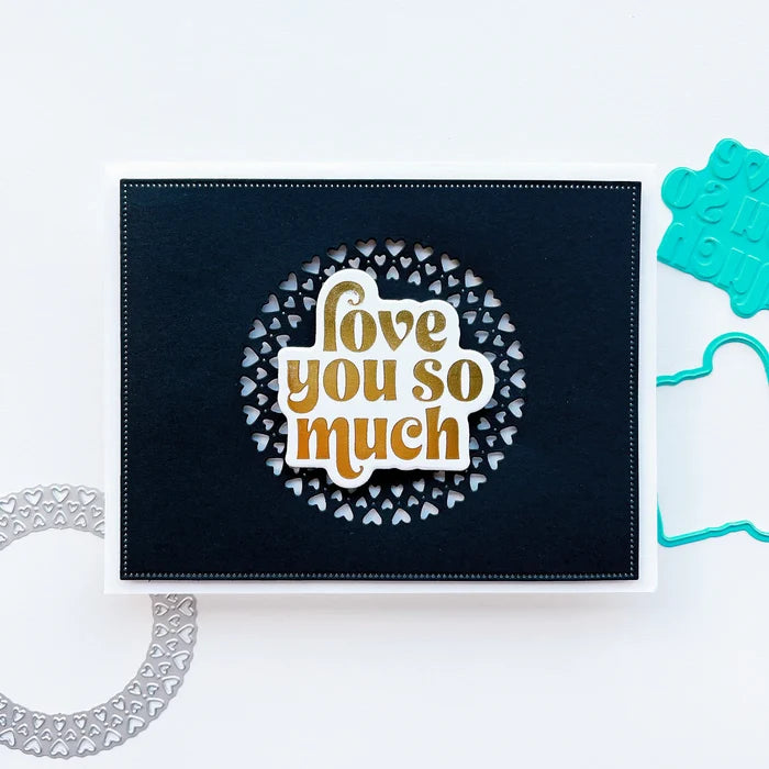 Catherine Pooler - Hot Foil Plates and Dies - Sweet Nothings. Add a foiled sentiment to your next Valentine project with the Sweet Nothings Hot Foil Plates. Featuring a large "love you so much" and "happy Valentine's day" , a small "s.w.a.k" and "xoxo". Available at Embellish Away located in Bowmanville Ontario Canada. Example by brand ambassador.