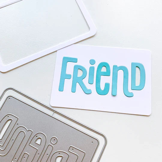 Catherine Pooler - Mini Cover Plate Die - Friend. The Friend Mini Cover Plate Die will be useful to add more layers to your card and pairs nicely with Sentiments stamps. Available at Embellish Away located in Bowmanville Ontario Canada.