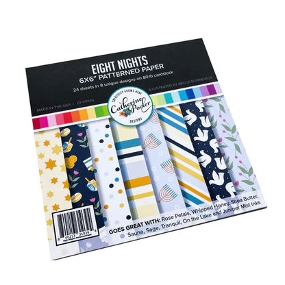 Catherine Pooler - Patterned Paper - Eight Nights. Create gorgeous Hanukkah cards and paper projects with the Eight Nights Patterned Paper. Traditional colors of Whipped Honey, Shea Butter, Sauna, Tranquil, On the Lake, Juniper Mist, Rose Petals & Sage. Available at Embellish Away located in Bowmanville Ontario Canada.
