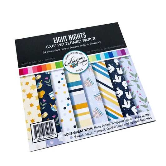 Catherine Pooler - Patterned Paper - Eight Nights. Create gorgeous Hanukkah cards and paper projects with the Eight Nights Patterned Paper. Traditional colors of Whipped Honey, Shea Butter, Sauna, Tranquil, On the Lake, Juniper Mist, Rose Petals & Sage. Available at Embellish Away located in Bowmanville Ontario Canada.