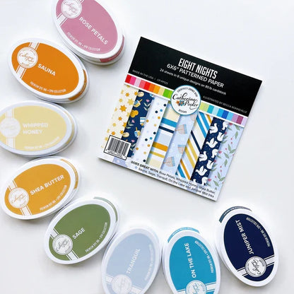 Catherine Pooler - Patterned Paper - Eight Nights. Create gorgeous Hanukkah cards and paper projects with the Eight Nights Patterned Paper. Traditional colors of Whipped Honey, Shea Butter, Sauna, Tranquil, On the Lake, Juniper Mist, Rose Petals & Sage. Available at Embellish Away located in Bowmanville Ontario Canada.