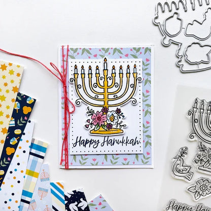 Catherine Pooler - Patterned Paper - Eight Nights. Create gorgeous Hanukkah cards and paper projects with the Eight Nights Patterned Paper. Traditional colors of Whipped Honey, Shea Butter, Sauna, Tranquil, On the Lake, Juniper Mist, Rose Petals & Sage. Available at Embellish Away located in Bowmanville Ontario Canada. Example by brand ambassador.
