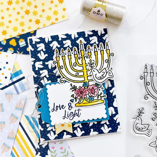 Catherine Pooler - Patterned Paper - Eight Nights. Create gorgeous Hanukkah cards and paper projects with the Eight Nights Patterned Paper. Traditional colors of Whipped Honey, Shea Butter, Sauna, Tranquil, On the Lake, Juniper Mist, Rose Petals & Sage. Available at Embellish Away located in Bowmanville Ontario Canada. Example by brand ambassador.