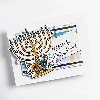 Catherine Pooler - Patterned Paper - Eight Nights. Create gorgeous Hanukkah cards and paper projects with the Eight Nights Patterned Paper. Traditional colors of Whipped Honey, Shea Butter, Sauna, Tranquil, On the Lake, Juniper Mist, Rose Petals & Sage. Available at Embellish Away located in Bowmanville Ontario Canada. Example by brand ambassador.