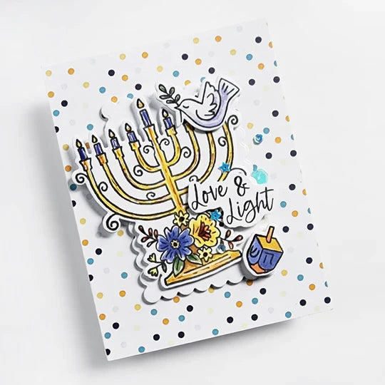 Catherine Pooler - Patterned Paper - Eight Nights. Create gorgeous Hanukkah cards and paper projects with the Eight Nights Patterned Paper. Traditional colors of Whipped Honey, Shea Butter, Sauna, Tranquil, On the Lake, Juniper Mist, Rose Petals & Sage. Available at Embellish Away located in Bowmanville Ontario Canada. Example by brand ambassador.