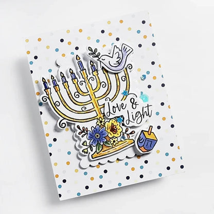 Catherine Pooler - Patterned Paper - Eight Nights. Create gorgeous Hanukkah cards and paper projects with the Eight Nights Patterned Paper. Traditional colors of Whipped Honey, Shea Butter, Sauna, Tranquil, On the Lake, Juniper Mist, Rose Petals & Sage. Available at Embellish Away located in Bowmanville Ontario Canada. Example by brand ambassador.