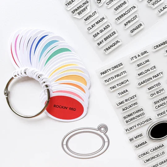 Catherine Pooler - Tag Die - Ink Swatch. Make your own colorful swatch ring. Die cut and direct to paper your center oval. Glue them to the die cut tag bases and tie them together with a piece of twine or us a binder ring for easy access. Available at Embellish Away located in Bowmanville Ontario Canada. Example by brand ambassador.