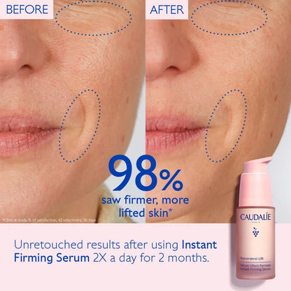 Caudalie Resveratrol-Lift Refillable Firming Serum 30ml, new in box, showcasing sleek bottle and application pump.