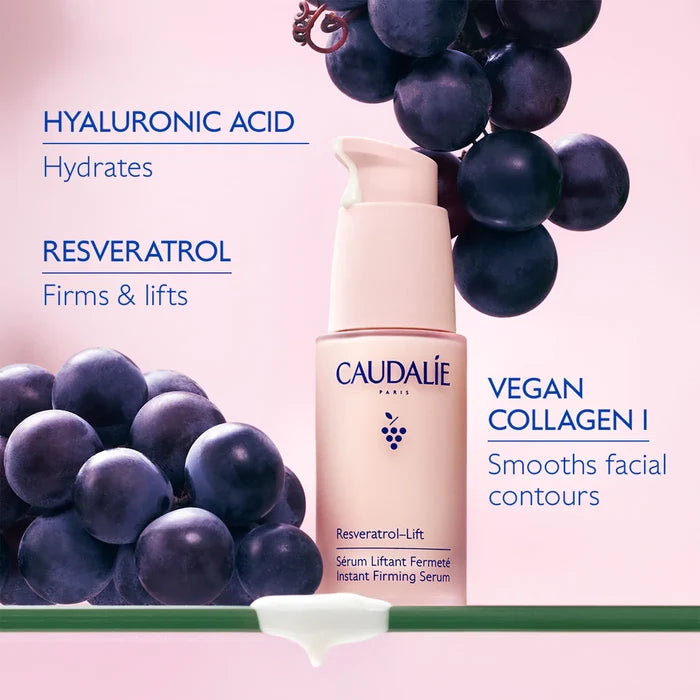 Caudalie Resveratrol-Lift firming serum in a 30ml refillable bottle, featuring a sleek design and dropper applicator.