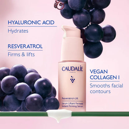 Caudalie Resveratrol-Lift firming serum in a 30ml refillable bottle, featuring a sleek design and dropper applicator.
