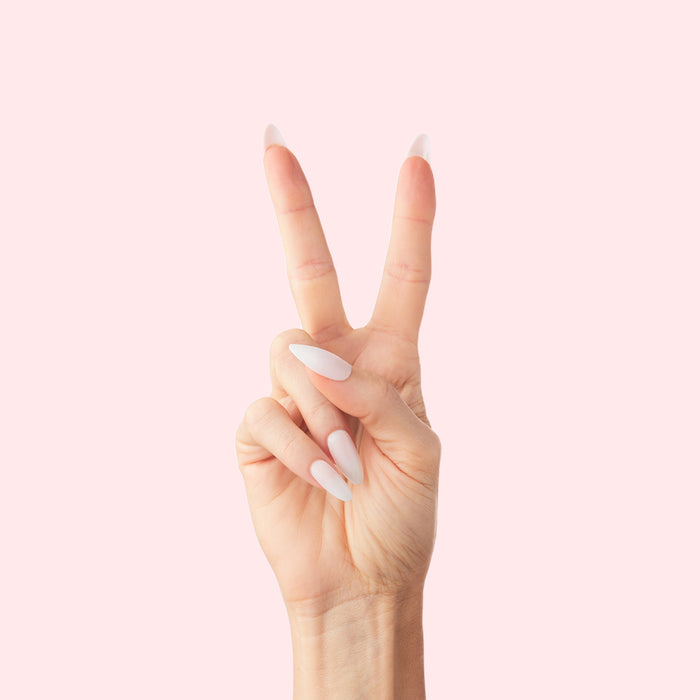 CCT Gradient - Press-On | Medium | Almond showing hand with medium almond press-on nails in white to sheer pink ombré manicure