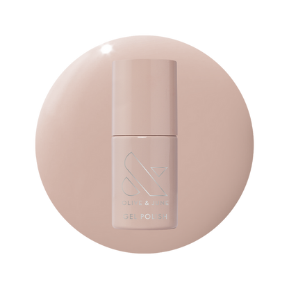 Bottle of CDJ - Gel nail polish by Olive and June in a creamy neutral shade on matching background