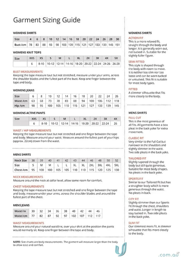 City Stretch Ladies SS Pinfeather clothing size guide with detailed measurements