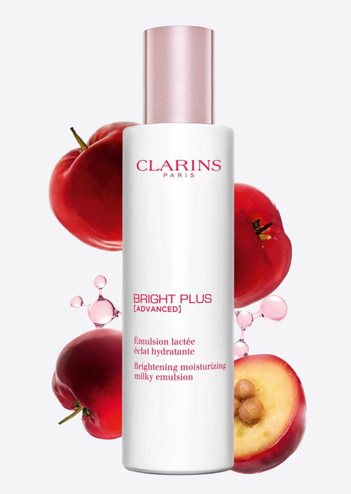 Clarins Bright Plus Milky Emulsion 100ml beauty product bottle with white and silver packaging, displayed on a plain background.