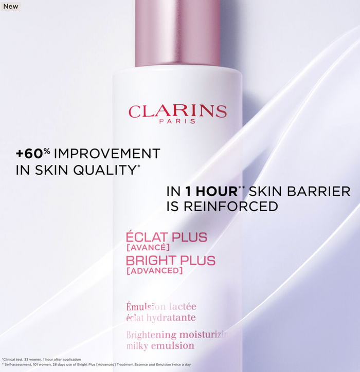 Clarins Bright Plus Advanced Milky Emulsion 100ml unopened, hydrating and brightening skincare product in a clear bottle.