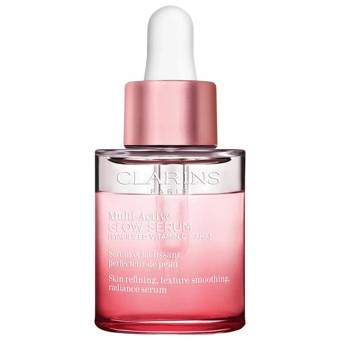 Clarins Multi-Active Brightening Glow Serum with Vitamin C and AHA in a 30ml bottle, new and unopened, for radiant skin.