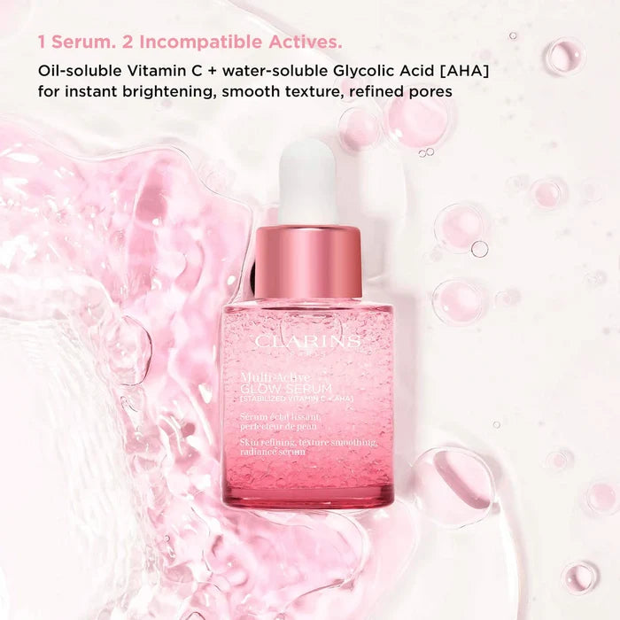 Clarins Multi-Active Brightening Glow Serum with Vitamin C and AHA in a 30ml bottle, shown in a close-up image.