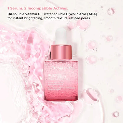 Clarins Multi-Active Brightening Glow Serum with Vitamin C and AHA in a 30ml bottle, shown in a close-up image.