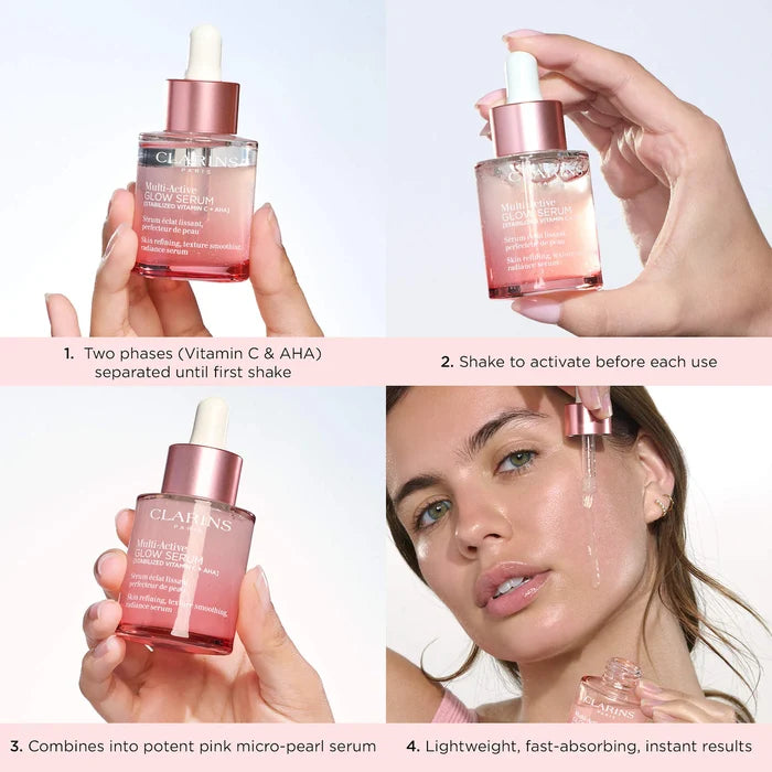 Clarins Multi-Active Brightening Glow Serum with Vitamin C and AHA in a 30ml bottle, shown with the product label and packaging