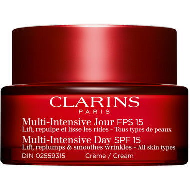 New Clarins Multi-Intensive Day SPF 15 moisturizer in 50ml jar, beauty product with protective SPF and nourishing formula.