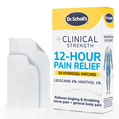 Dr Scholls Clinical Strength 12-Hour Pain Relief Hydrogel Patches box and two patches