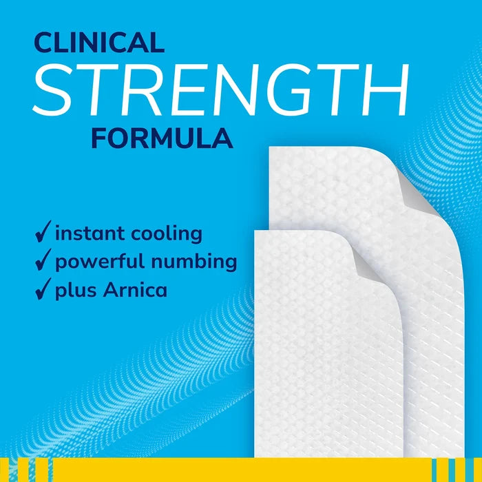 Dr Scholls Clinical Strength 12-Hour Pain Relief Hydrogel Patches showing cooling numbing and arnica benefits