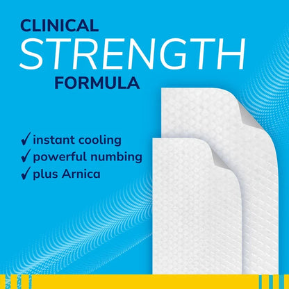 Dr Scholls Clinical Strength 12-Hour Pain Relief Hydrogel Patches showing cooling numbing and arnica benefits