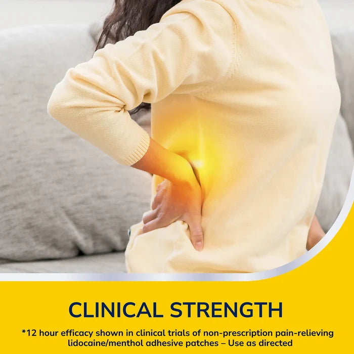 Person holding their lower back with a glowing yellow area indicating pain for Dr Scholls Clinical Strength patches