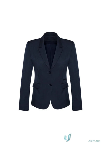 Navy blue women’s cool stretch button mid length jacket for a stylish look