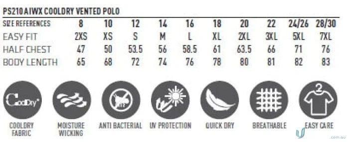 Polo shirt size and feature chart for Cooldry Vented Polo, stay cool with PS210 unisex cooldry