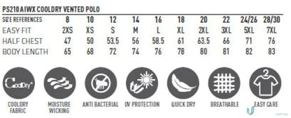Polo shirt size and feature chart for Cooldry Vented Polo, stay cool with PS210 unisex cooldry