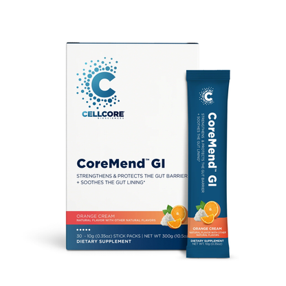 CellCore, CoreMend GI, gut support, gut barrier support, microbiome support, probiotic supplement, prebiotic fiber, digestive support, gut lining support, L-glutamine, DGL licorice, BioActive Carbon, orange cream, gluten free, dairy free, soy free, zero sugar