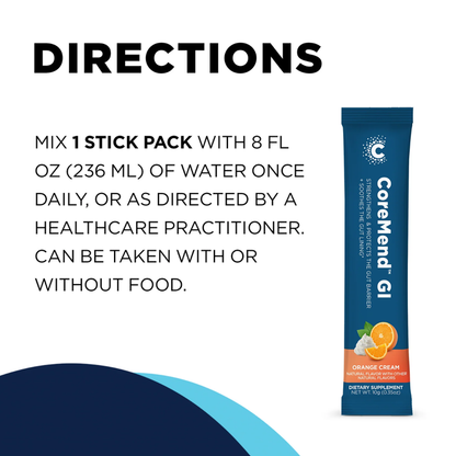 CellCore, CoreMend GI, gut support, gut barrier support, microbiome support, probiotic supplement, prebiotic fiber, digestive support, gut lining support, L-glutamine, DGL licorice, BioActive Carbon, orange cream, gluten free, dairy free, soy free, zero sugar