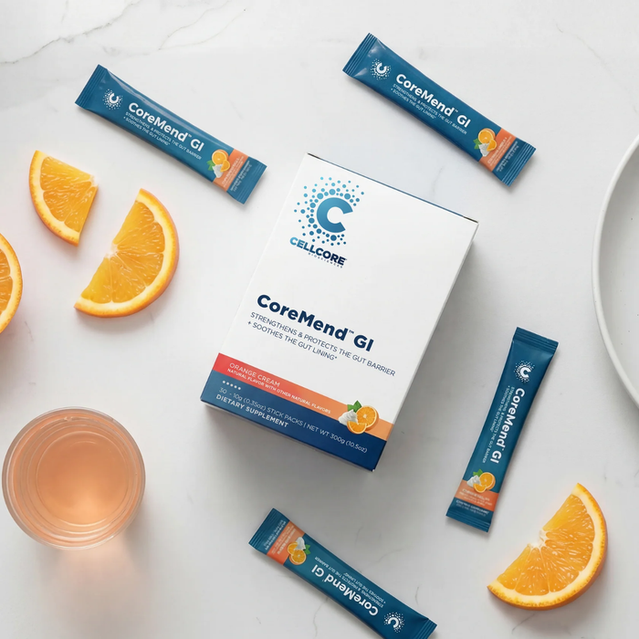 CellCore, CoreMend GI, gut support, gut barrier support, microbiome support, probiotic supplement, prebiotic fiber, digestive support, gut lining support, L-glutamine, DGL licorice, BioActive Carbon, orange cream, gluten free, dairy free, soy free, zero sugar