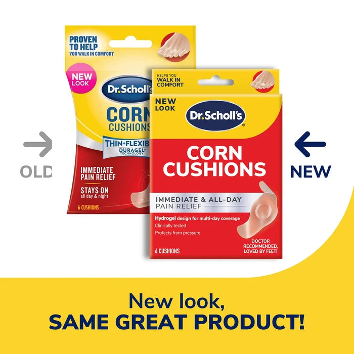 Dr. Scholl's corn cushions hydrogel pack shown in new and old box looks