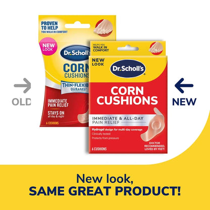 Dr. Scholl's corn cushions hydrogel pack shown in new and old box looks