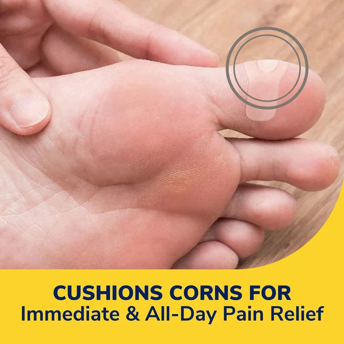 Transparent hydrogel corn cushion pad on bare foot toe area with circular center