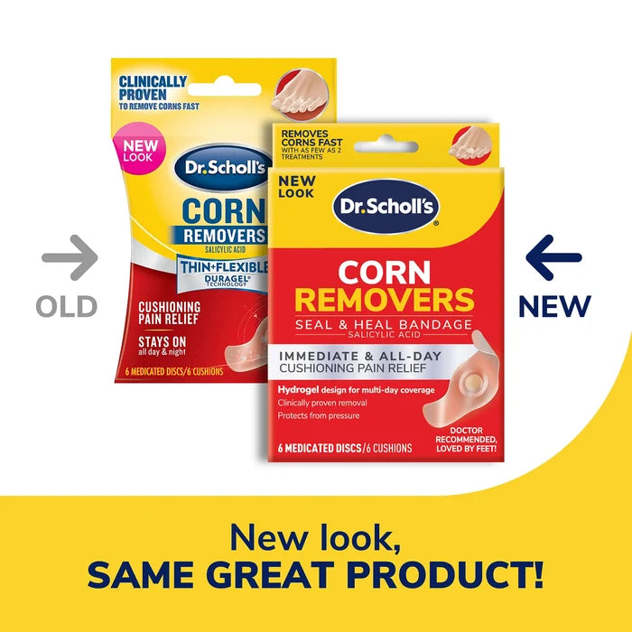 Dr. Scholl's Corn Removers seal & heal hydrogel bandage boxes, new look and old look
