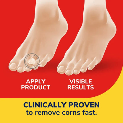 Feet with a round hydrogel bandage disc shown on the toes area, apply results graphic