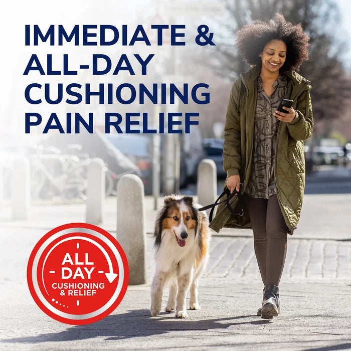 All-day cushioning corn removers hydrogel bandage concept shown on a person walking