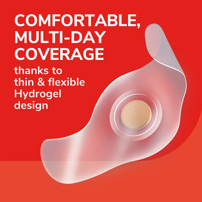 Foot sole graphic with a round hydrogel bandage disc for multi-day comfort coverage
