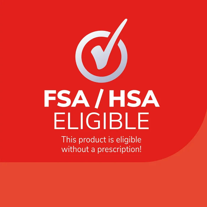 FSA/HSA eligible icon for corn removers hydrogel bandages on red promotional card