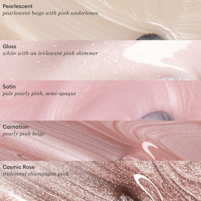 Try five swatches of Manucurist’s Cosmic Rose lip gloss, featuring finishes like Pearlescent, Gloss, Satin, Carnation, and Cosmic Rose in shades from pink-beige to champagne and shimmering iridescent pinks.
