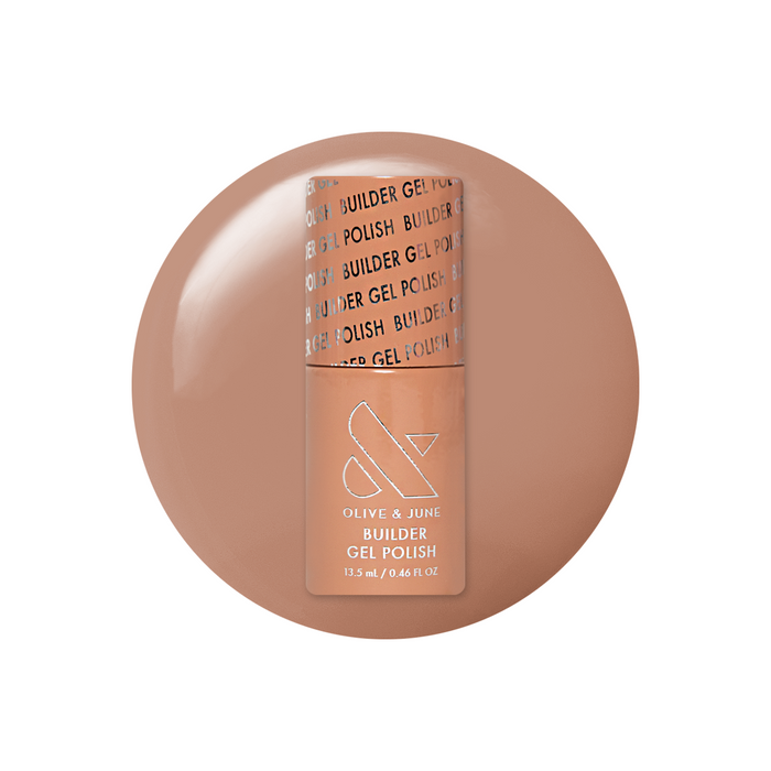Creme Caramel - Builder Gel bottle on a smooth, sheer toasted taupe gel polish background for classic mani look
