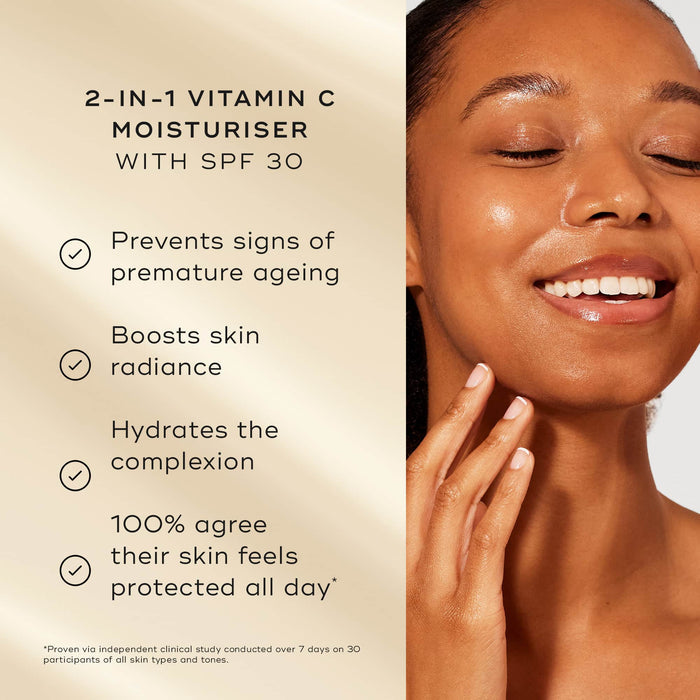 "A model with glowing skin smiles next to a list of product benefits on a soft gold background. Text highlights the 2-in-1 Vitamin C Moisturiser with SPF 30: "Prevents signs of premature ageing, Boosts skin radiance, Hydrates the complexion, 100% agree their skin feels protected all day*"