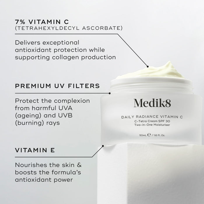 Medik8 Daily Radiance Vitamin C open glass jar displayed against a warm gold background with ingredient callouts. Text highlights 7% Vitamin C (Tetrahexyldecyl Ascorbate) for antioxidant protection and collagen support, Premium UV Filters for UVA and UVB protection, and Vitamin E to nourish the skin and boost antioxidant power.