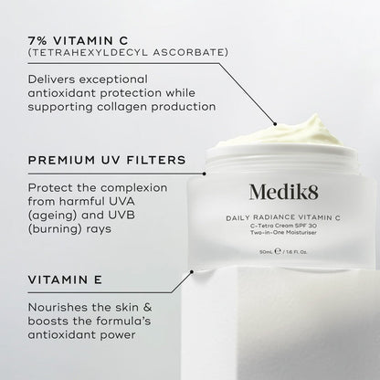 Medik8 Daily Radiance Vitamin C open glass jar displayed against a warm gold background with ingredient callouts. Text highlights 7% Vitamin C (Tetrahexyldecyl Ascorbate) for antioxidant protection and collagen support, Premium UV Filters for UVA and UVB protection, and Vitamin E to nourish the skin and boost antioxidant power.